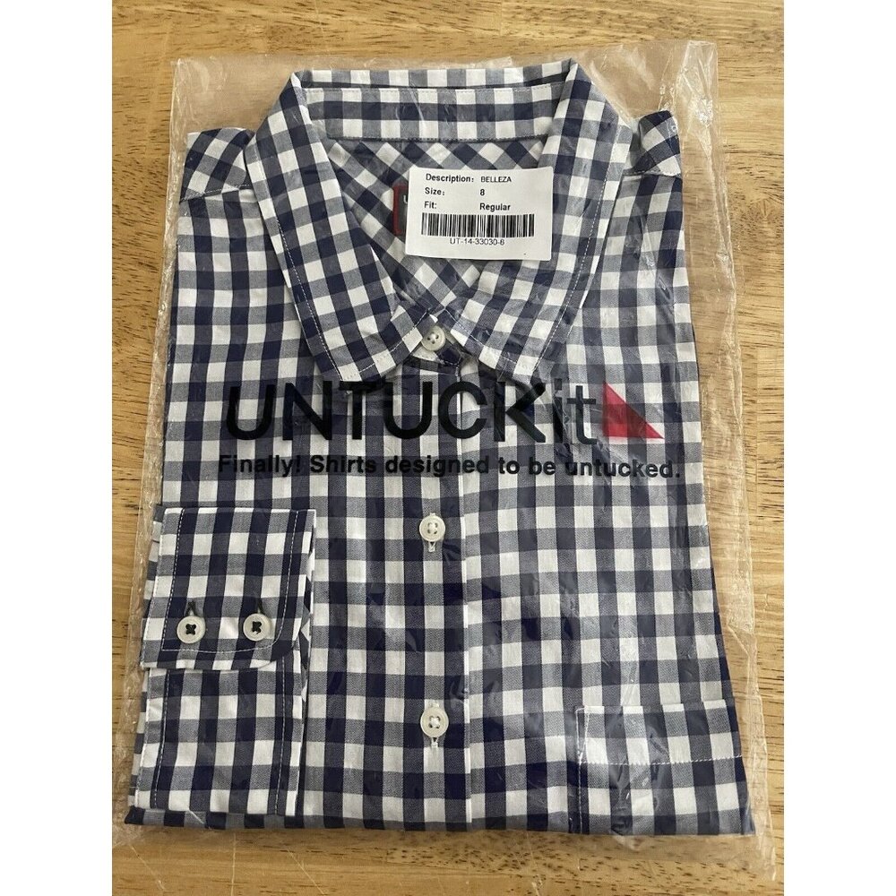 UNTUCKit Women's Belleza Button Up Long Sleeve Blue Gingham Plaid Shirt Size 8